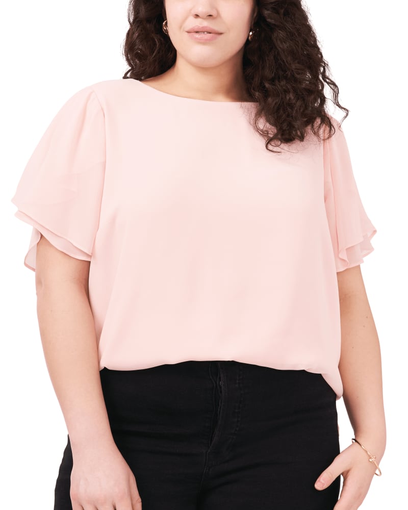 Front of a model wearing a size 1X Bella Ruffle Sleeve Blouse in FRESH PINK by Vince Camuto. | dia_product_style_image_id:261798